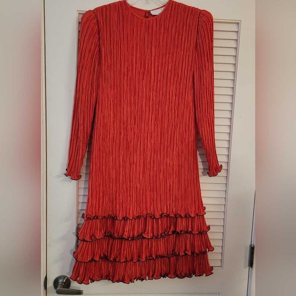 Vintage Pierre Labiche Red and Black Layer Ruffles details Cocktail dress Sz 4
